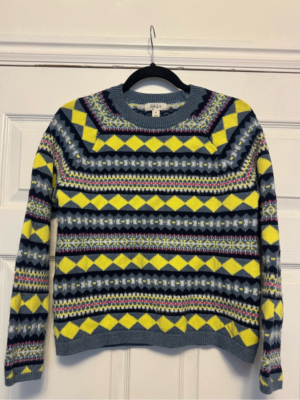 J. Crew women’s Yellow, Gray & Navy Fair Isle Crewneck Sweater